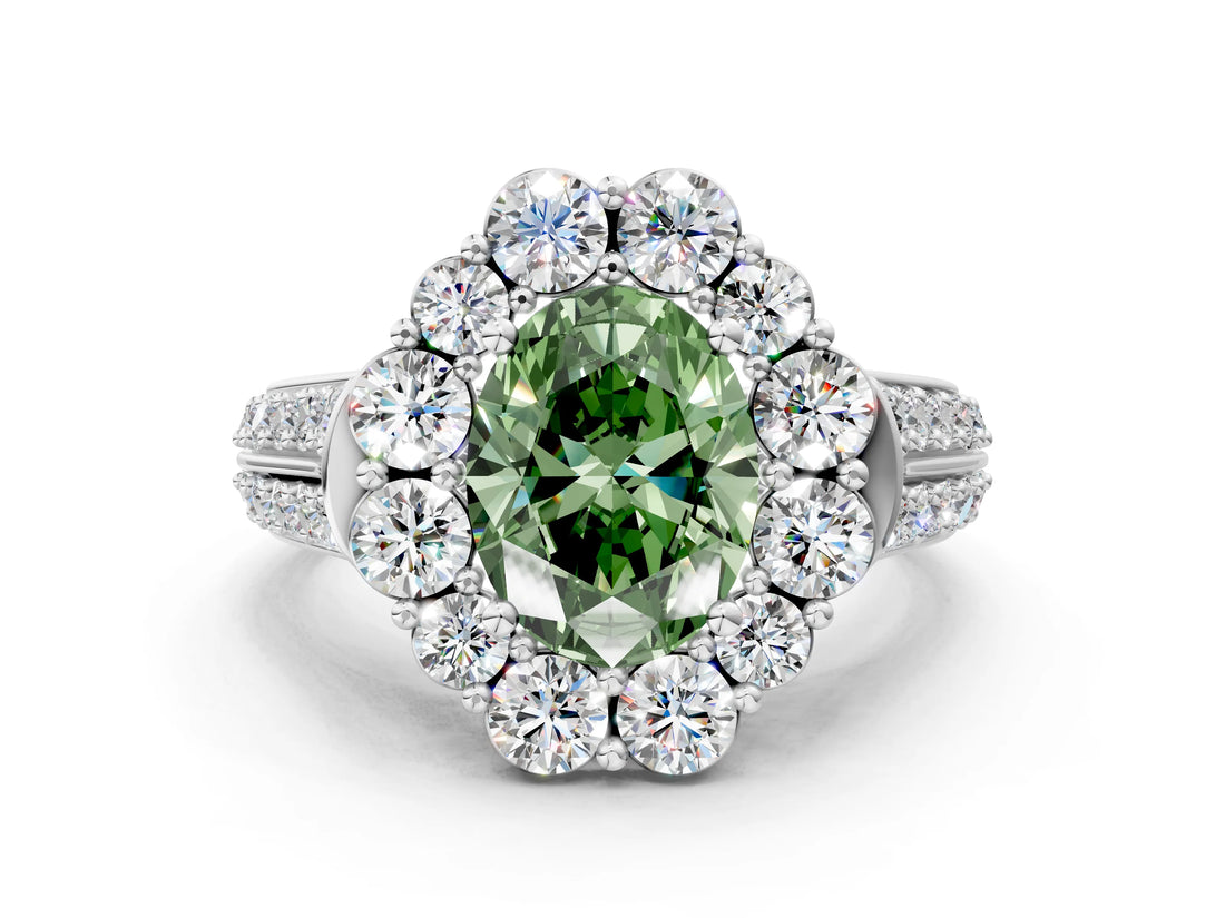 White gold Fancy Green Oval  Halo Diamond Engagement Ring with Split Shank and Prong Setting_66