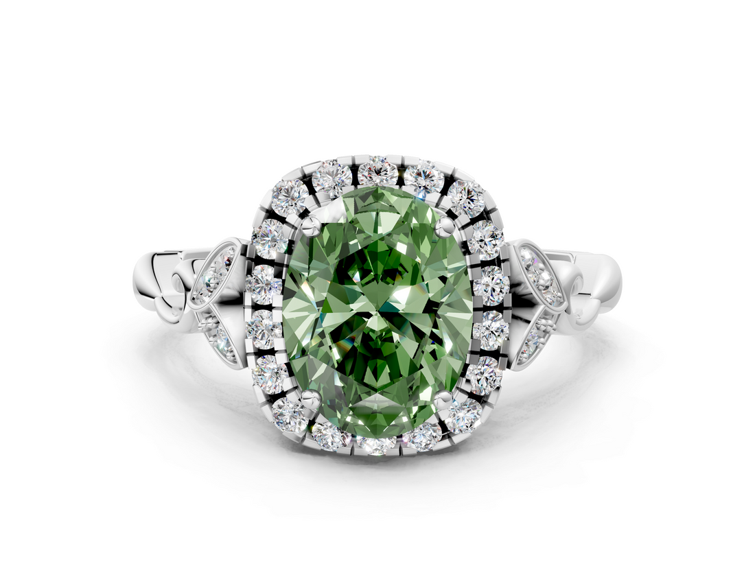 White gold Fancy Green Oval  Halo Diamond Engagement Ring with Vintage-Inspired Band and Four-Prong Setting_3