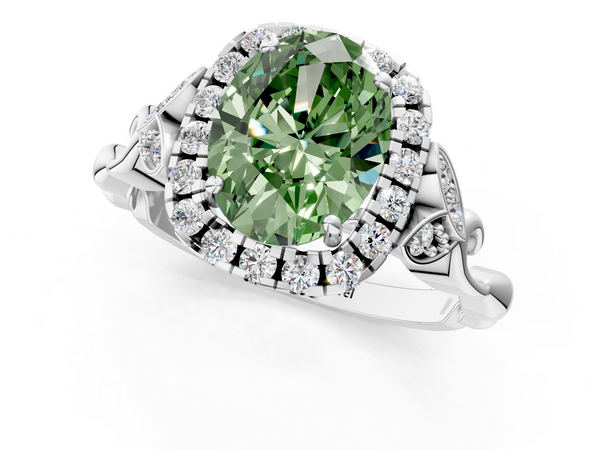 White gold Fancy Green Oval  Halo Diamond Engagement Ring with Vintage-Inspired Band and Four-Prong Setting