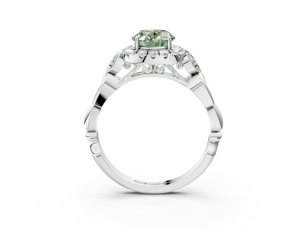 White gold Fancy Green Oval  Halo Diamond Engagement Ring with Vintage-Inspired Band and Four-Prong Setting