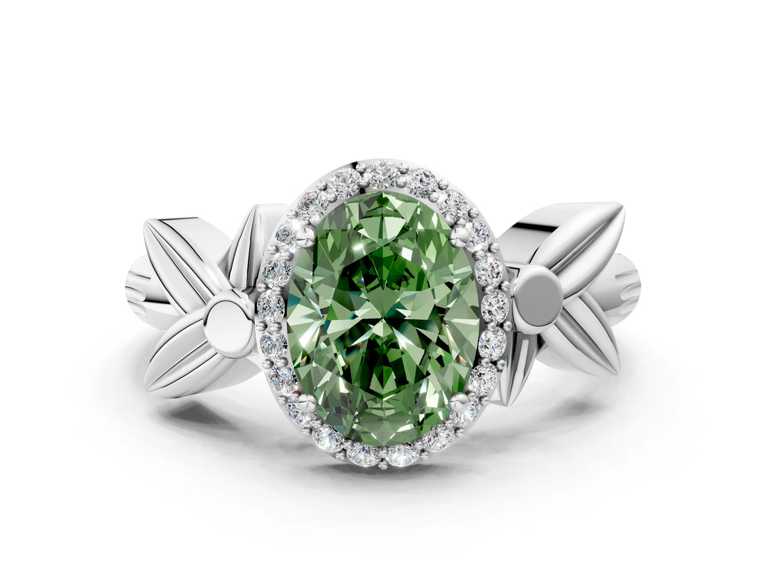 White gold Fancy Green Oval  Halo Diamond Floral Band with Four-Prong Setting_55