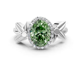White gold Fancy Green Oval  Halo Diamond Floral Band with Four-Prong Setting_55