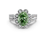 White gold Fancy Green Oval  Halo Diamond Floral Split Shank Engagement Ring 1
