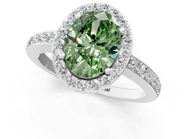 White gold Fancy Green Oval  Halo Diamond Pavé Band Ring with Prong Setting