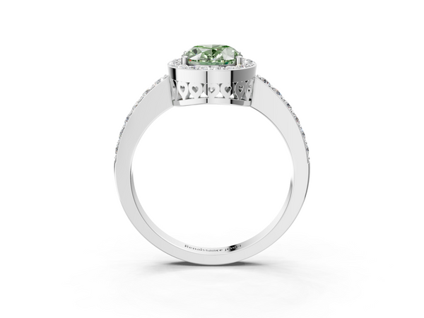 White gold Fancy Green Oval  Halo Diamond Pavé Band Ring with Prong Setting