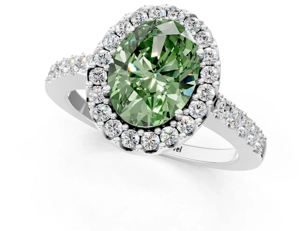 Platinum Fancy Green Oval  Halo Diamond Pavé Solitaire Ring