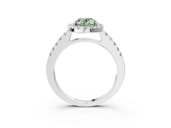 Platinum Fancy Green Oval  Halo Diamond Pavé Solitaire Ring