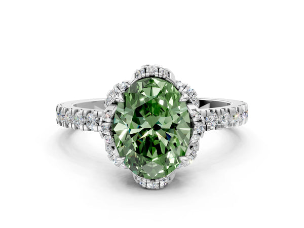 Platinum Fancy Green Oval  Halo Diamond Pave Band Ring with Four-Prong Setting