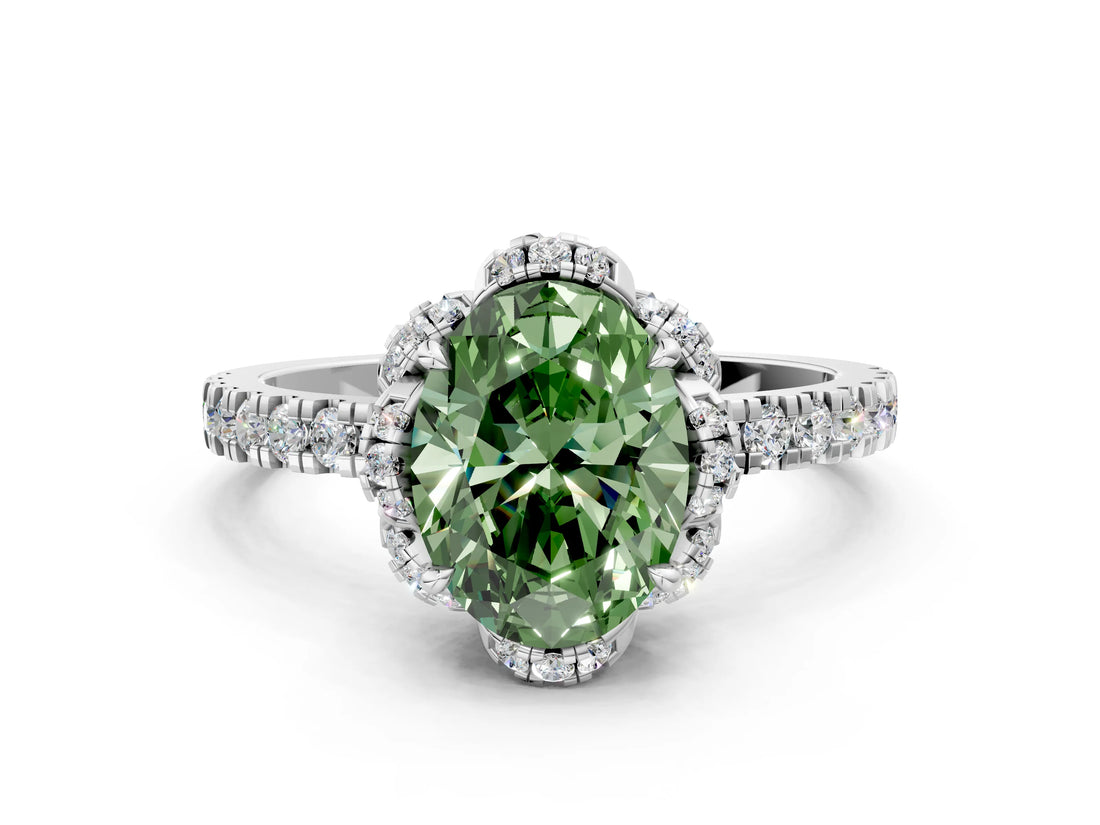 White gold Fancy Green Oval  Halo Diamond Pave Band Ring with Four-Prong Setting_15