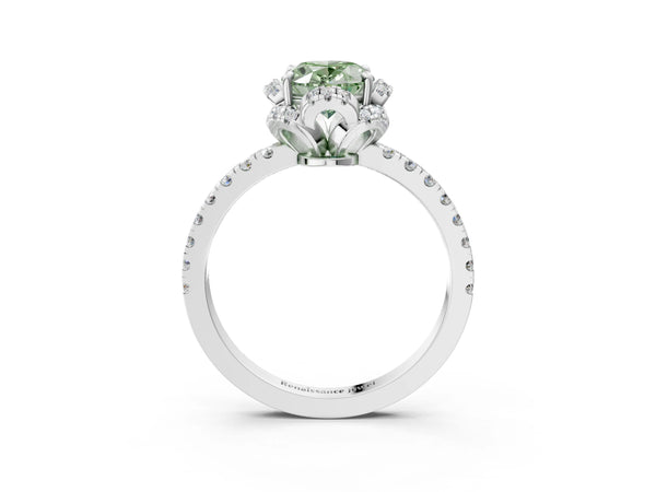 Platinum Fancy Green Oval  Halo Diamond Pave Band Ring with Four-Prong Setting