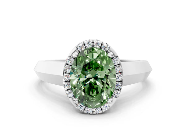 White gold Fancy Green Oval  Halo Diamond Ring with Cathedral Band and Four-Prong Setting