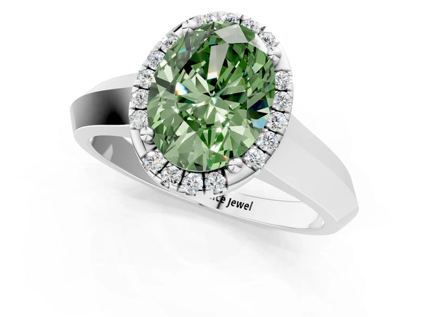 White gold Fancy Green Oval  Halo Diamond Ring with Cathedral Band and Four-Prong Setting