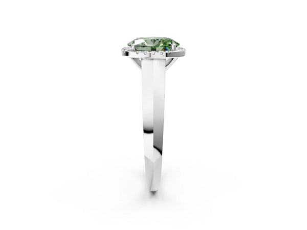 White gold Fancy Green Oval  Halo Diamond Ring with Cathedral Band and Four-Prong Setting