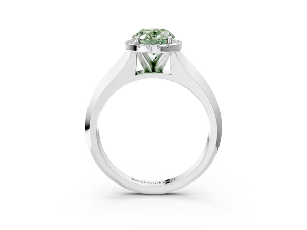 White gold Fancy Green Oval  Halo Diamond Ring with Cathedral Band and Four-Prong Setting