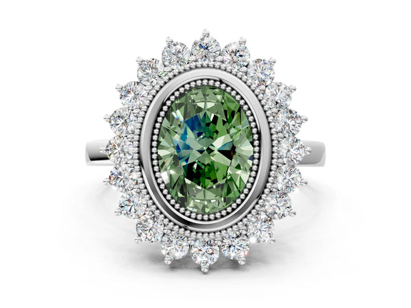 Platinum Fancy Green Oval  Halo Diamond Ring with Milgrain Edge and Round Prong Setting