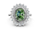 White gold Fancy Green Oval  Halo Diamond Ring with Milgrain Edge and Round Prong Setting_55