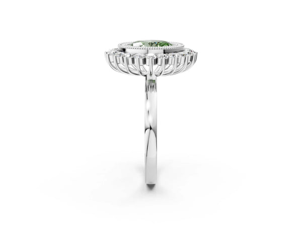 Platinum Fancy Green Oval  Halo Diamond Ring with Milgrain Edge and Round Prong Setting