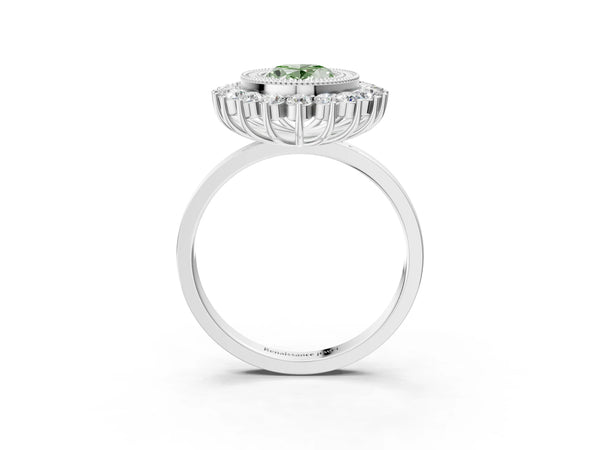 Platinum Fancy Green Oval  Halo Diamond Ring with Milgrain Edge and Round Prong Setting