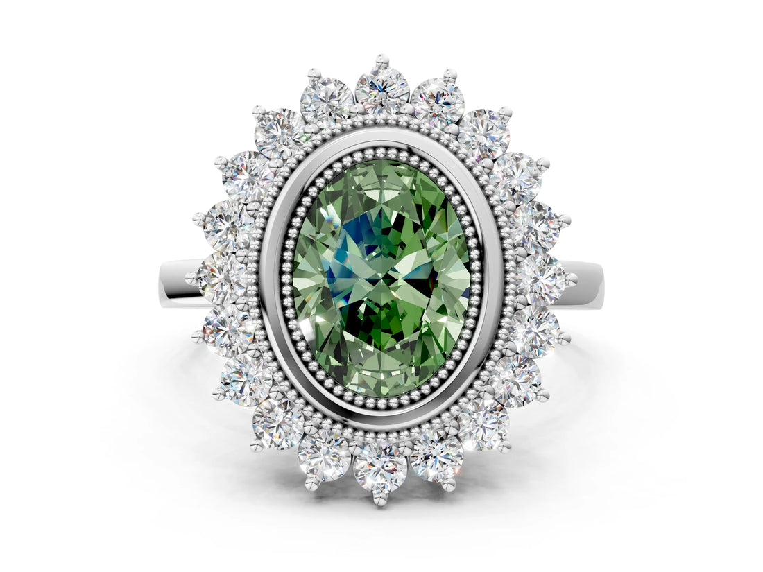 White gold Fancy Green Oval  Halo Diamond Ring with Milgrain Edge and Round Prong Setting_60