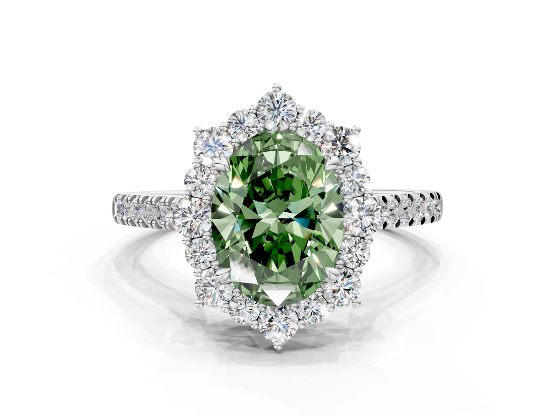 White gold Fancy Green Oval  Halo Diamond Ring with Pavé Band and Prong Setting_3