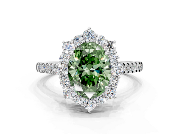 White gold Fancy Green Oval  Halo Diamond Ring with Pavé Band and Prong Setting