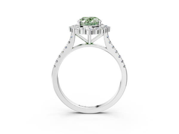 White gold Fancy Green Oval  Halo Diamond Ring with Pavé Band and Prong Setting