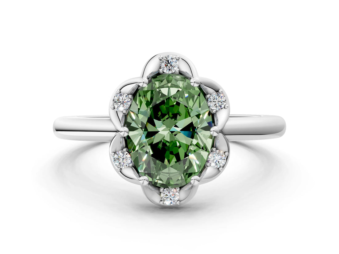 White gold Fancy Green Oval  Halo Diamond Ring with Round Cluster Setting, Solitaire Band, and Four-Prong Setting_68
