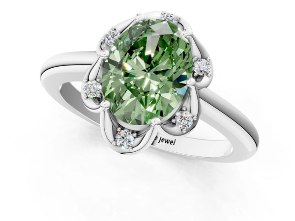 White gold Fancy Green Oval  Halo Diamond Ring with Round Cluster Setting, Solitaire Band, and Four-Prong Setting