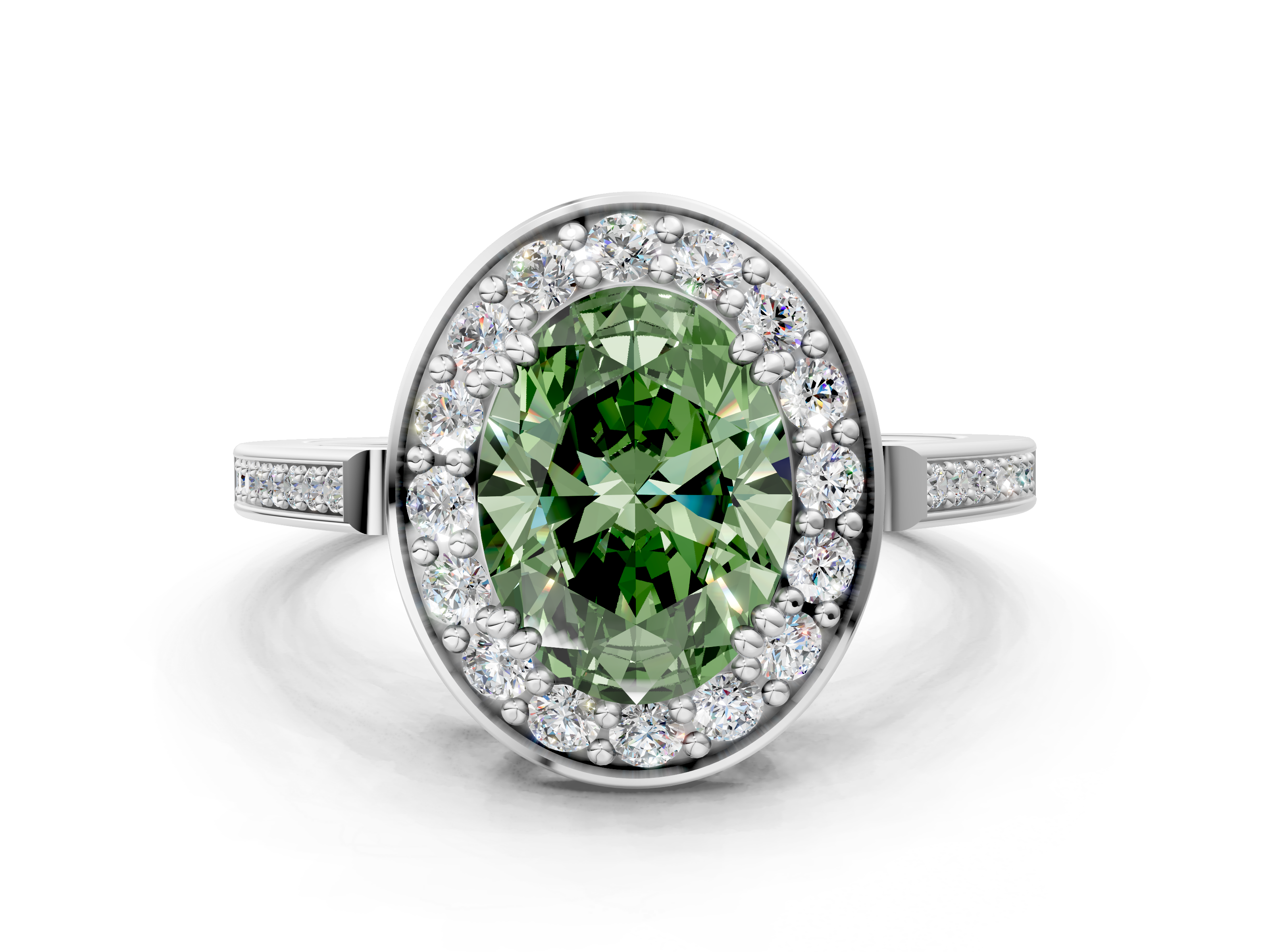 White gold Fancy Green Oval  Halo Diamond Ring with Split Shank and Four-Prong Setting_45