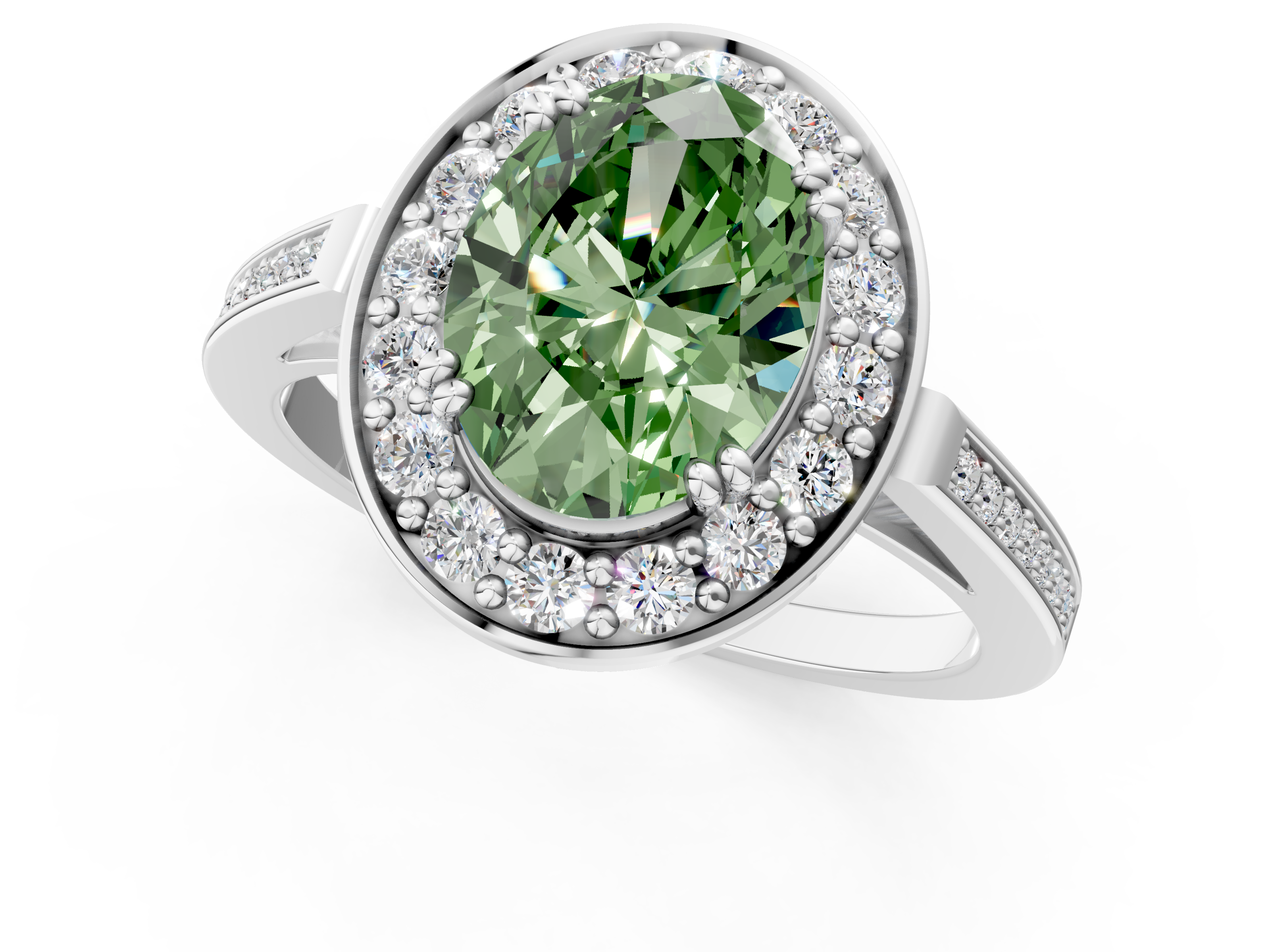 White gold Fancy Green Oval  Halo Diamond Ring with Split Shank and Four-Prong Setting_46