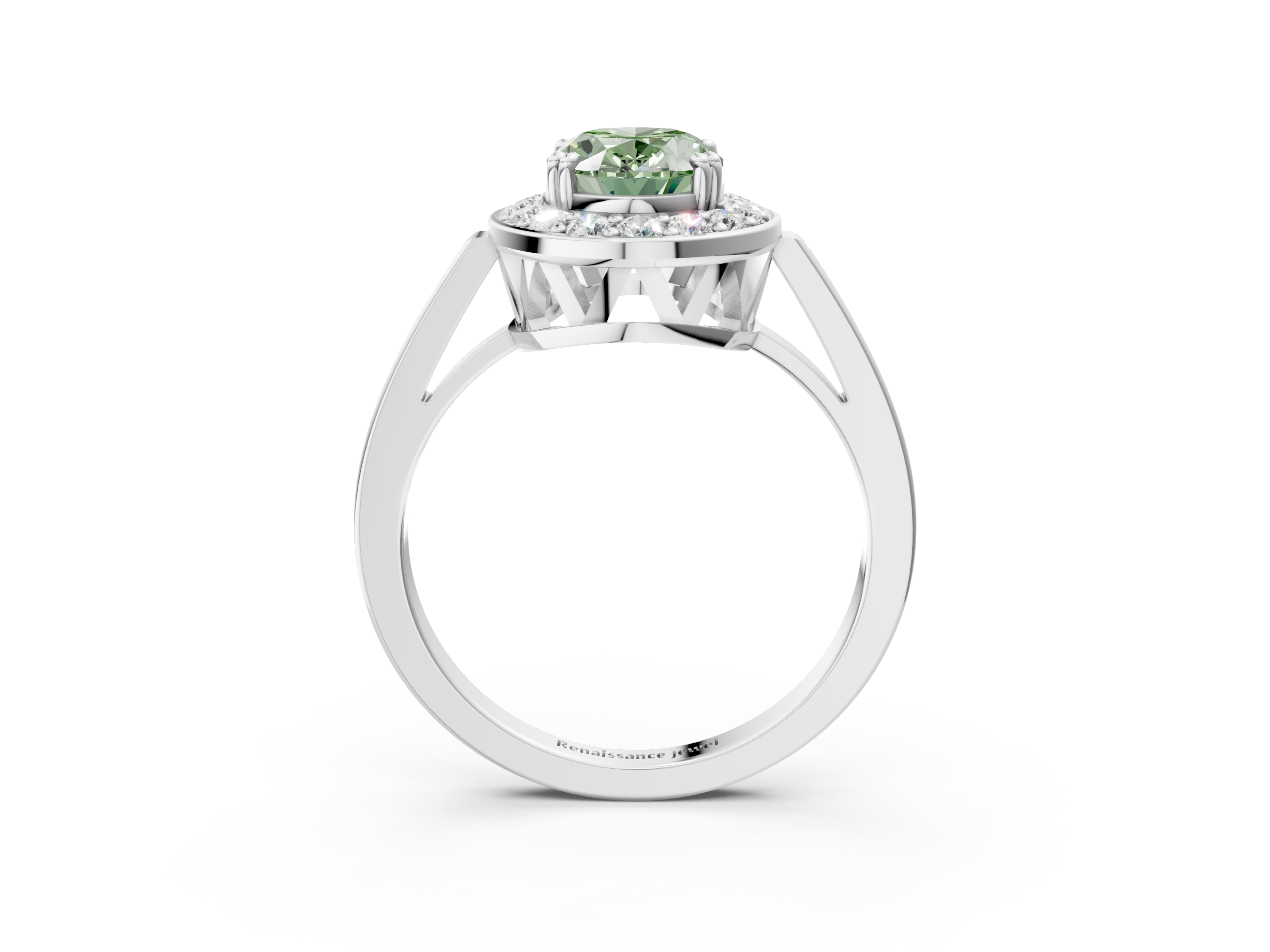 White gold Fancy Green Oval  Halo Diamond Ring with Split Shank and Four-Prong Setting_48