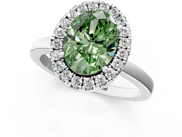 White gold Fancy Green Oval  Halo Diamond Solitaire with Pavé Band and Four-Prong Setting