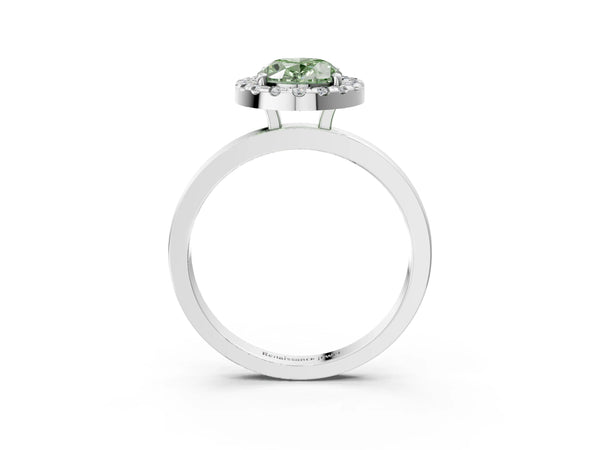 White gold Fancy Green Oval  Halo Diamond Solitaire with Pavé Band and Four-Prong Setting
