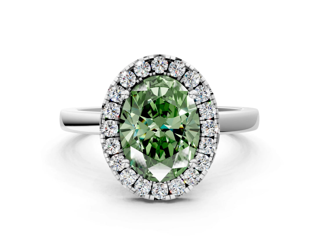 White gold Fancy Green Oval  Halo Diamond Solitaire with Pavé Band and Four-Prong Setting_138
