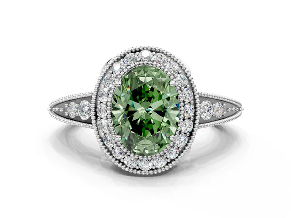 Platinum Fancy Green Oval  Halo Diamond Split Shank Ring with Milgrain Detail