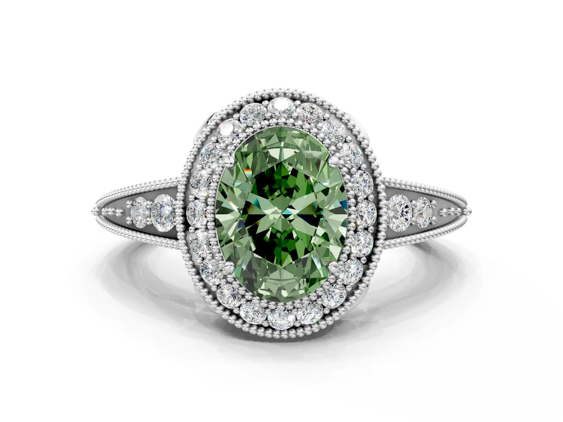 White gold Fancy Green Oval  Halo Diamond Split Shank Ring with Milgrain Detail_49