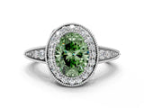 White gold Fancy Green Oval  Halo Diamond Split Shank Ring with Milgrain Detail_49