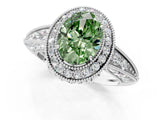 White gold Fancy Green Oval  Halo Diamond Split Shank Ring with Milgrain Detail_50