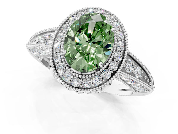 Platinum Fancy Green Oval  Halo Diamond Split Shank Ring with Milgrain Detail