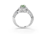 White gold Fancy Green Oval  Halo Diamond Split Shank Ring with Milgrain Detail_52