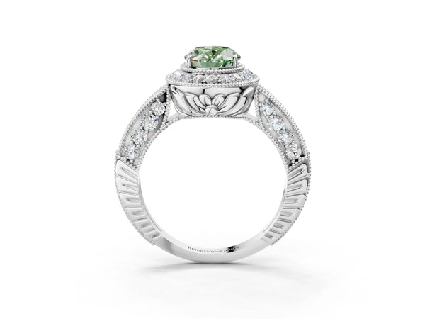Platinum Fancy Green Oval  Halo Diamond Split Shank Ring with Milgrain Detail