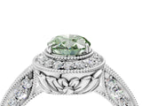 White gold Fancy Green Oval  Halo Diamond Split Shank Ring with Milgrain Detail_53