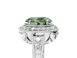 White gold Fancy Green Oval  Halo Diamond Split Shank Ring with Milgrain Detail_54