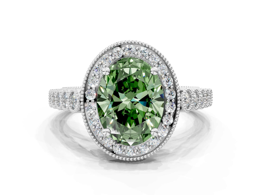 White gold Fancy Green Oval  Halo Milgrain Solitaire with Bezel Set Side Stones and Pave Band_32