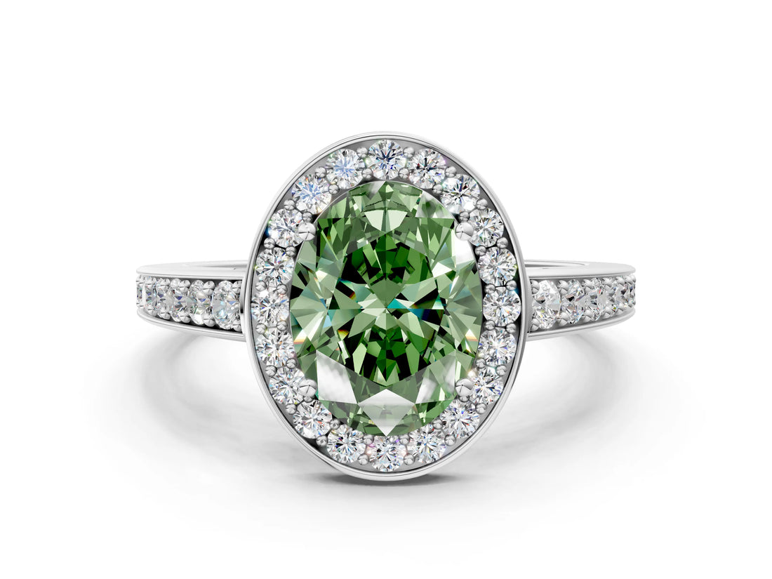 White gold Fancy Green Oval  Halo Pavé Diamond Engagement Ring with Bezel Setting_49
