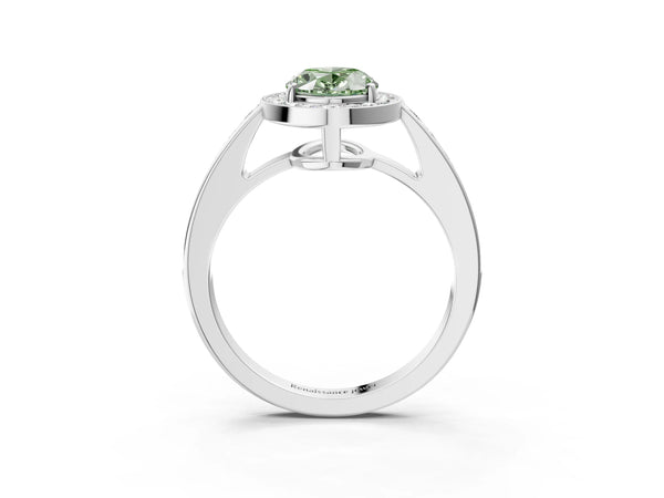 White gold Fancy Green Oval  Halo Pavé Diamond Engagement Ring with Bezel Setting