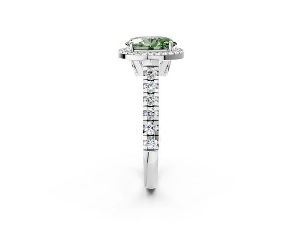 Platinum Fancy Green Oval  Halo Pavé Diamond Engagement Ring with Four-Prong Setting