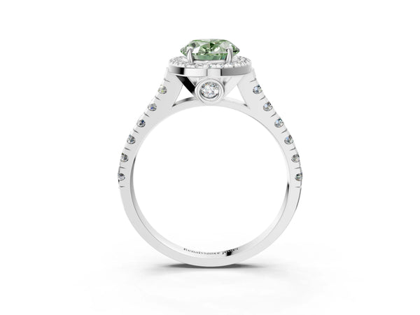 Platinum Fancy Green Oval  Halo Pavé Diamond Engagement Ring with Four-Prong Setting