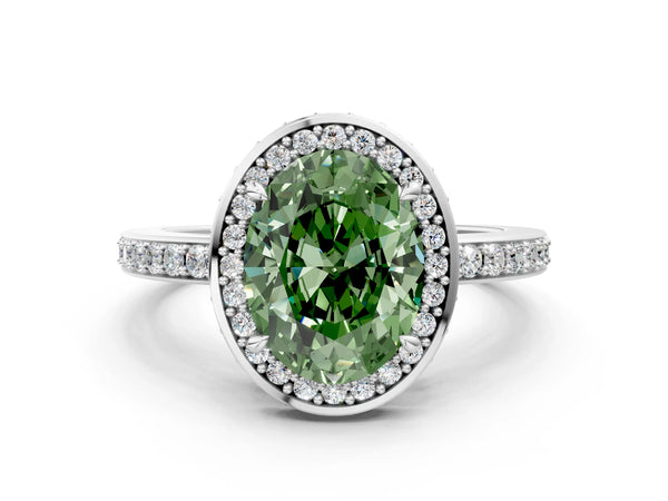 White gold Fancy Green Oval  Halo Pave Band Solitaire Ring with Prong Setting