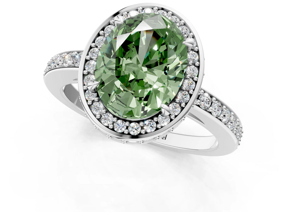 White gold Fancy Green Oval  Halo Pave Band Solitaire Ring with Prong Setting